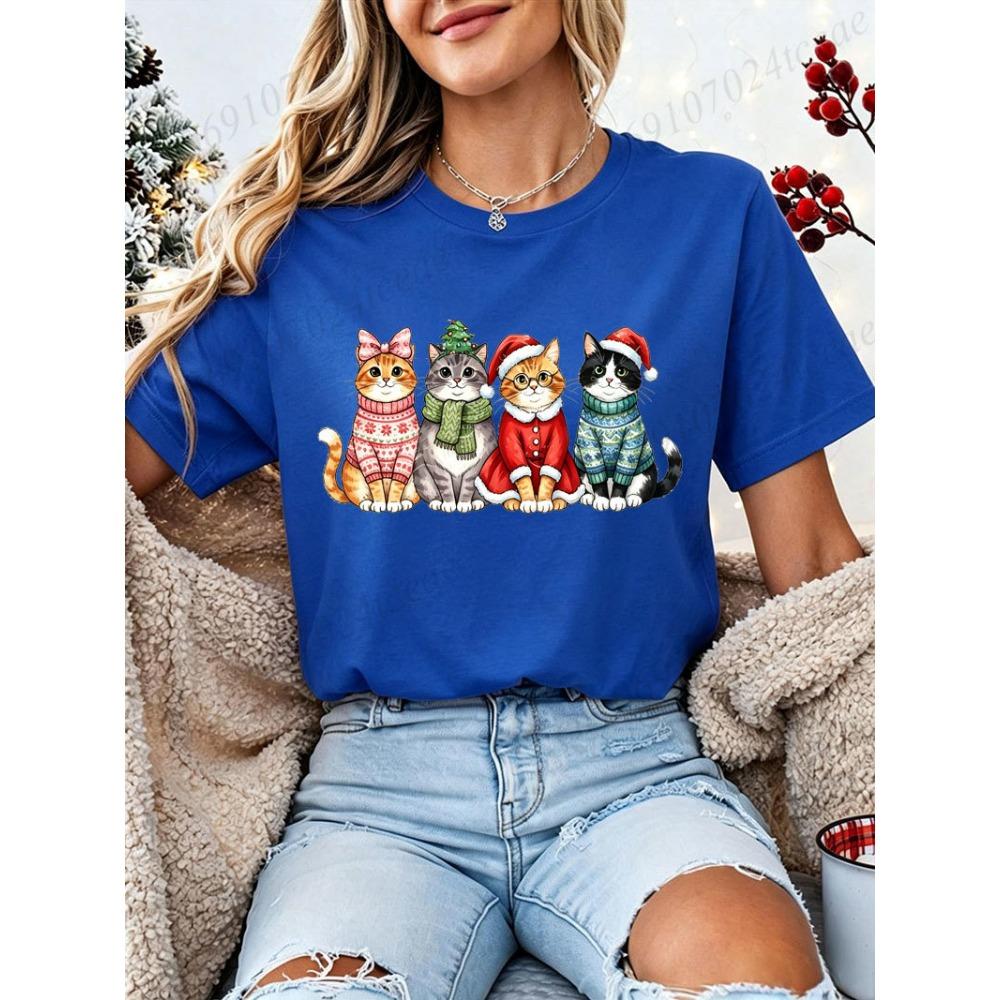 Xmas Cats Printed T‑Shirt Women Funny Cat Graphic Christmas Party Casual Short Sleeve Tops Family Holiday