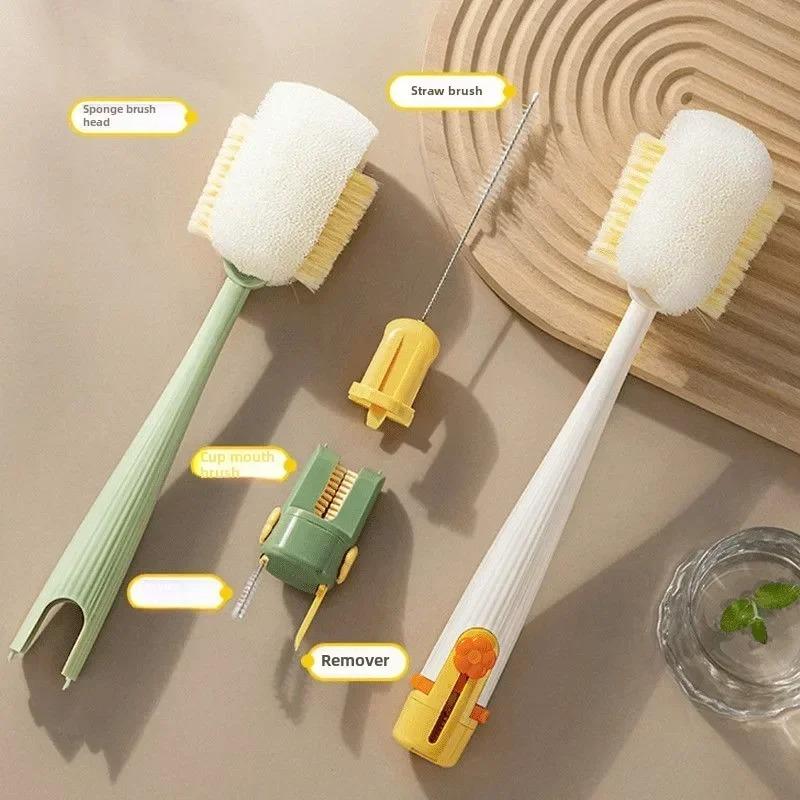 5 In 1 Cleaning Brush Sponge Brush Multifunctional Detail Brush Long Handle 360° Rotation Thermos Cup Brush Multipurpose Household Cleaning Tools