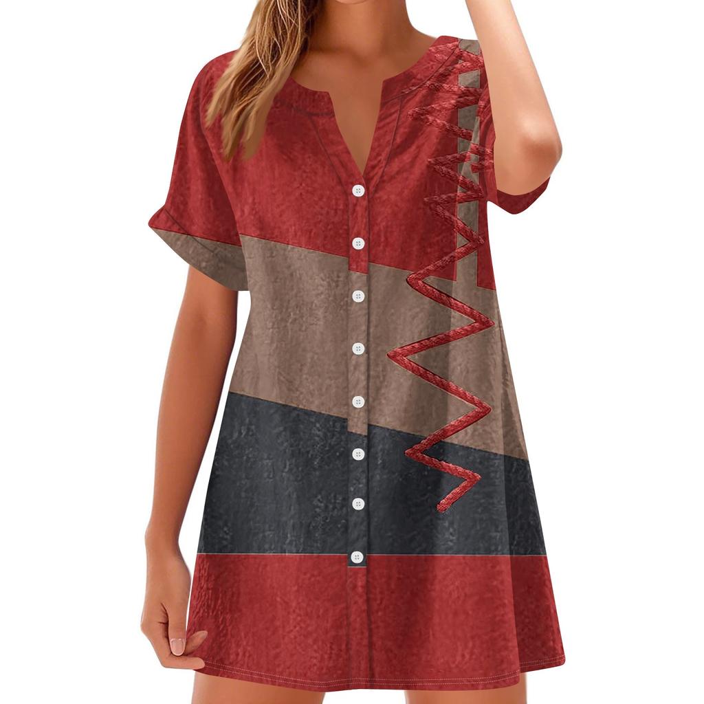 Women's Fashion Casual V-neck Short Sleeve Button Retro Color Block Splicing Print Dress