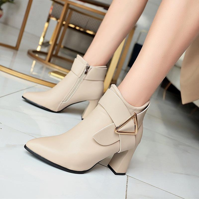 Fall Metal Buckle Side Zipper Pointed Toe Square Heel Anti-Slip Wear-Resistant Short Shoe
