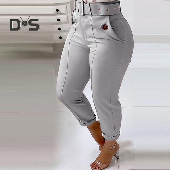 Diva mujeres color sólido alto cintura botón cinturón pantalones elásticos  pantalones ajustados comprar a buen precio — entrega gratuita, reseñas  reales con fotos — Joom