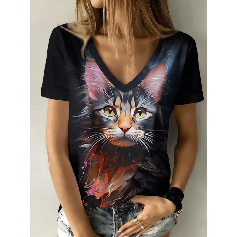 Women's Summer Casual V-neck Short-sleeved T-shirt, with Fashionable 3D Print, Suitable for Outings or At Home