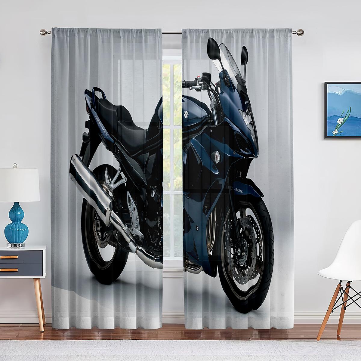Motorcycle Window Curtains 3D Dirt Motocross Bike Rider Silhouettes Crossing The Road in Motocross Race Semi Light Block Curtains 2x50W100H(CM)&Grommet Top
