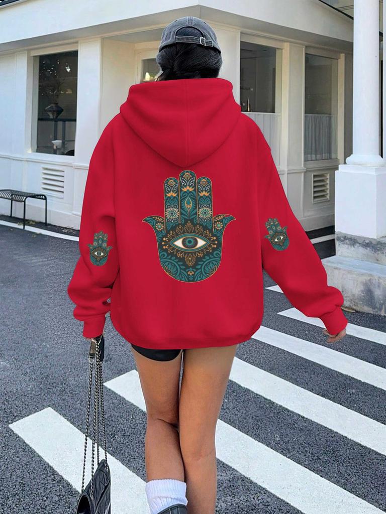 Hamsa hand with eye motif women's hoodies
