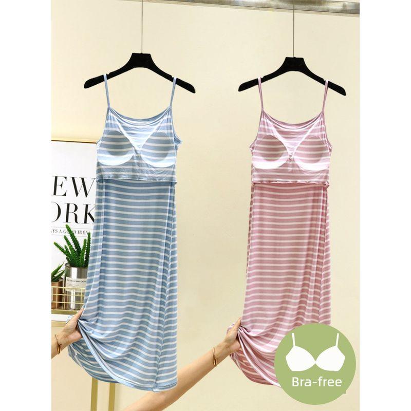 Chest Pad Modal Suspender Skirt Plus Size Slimming Chest Cotton One-Piece Bottoming Underdress Ice Silk Stripe Mid-Length Nightdress