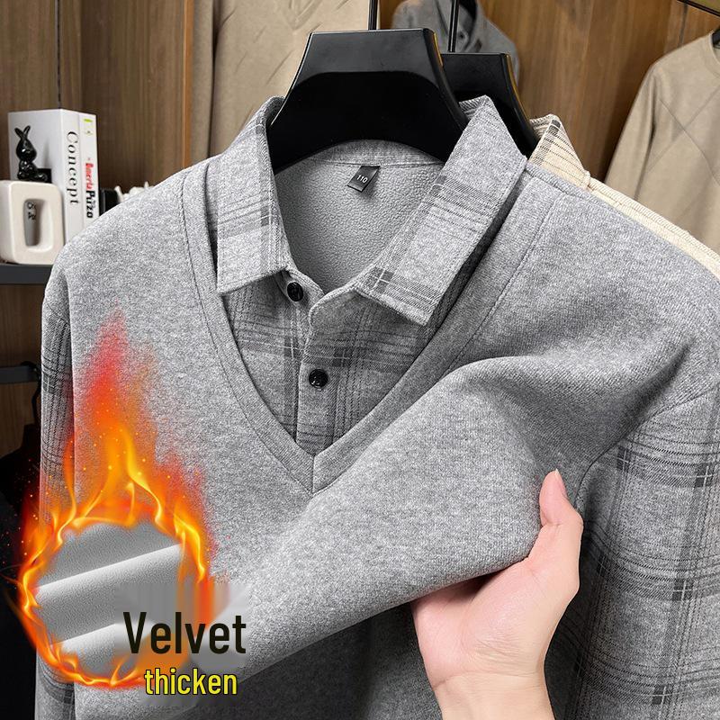 Men's 2025 Winter Plus Velvet Faux Two-Piece Lapel Knitwear for Middle-Aged & Elderly Dads