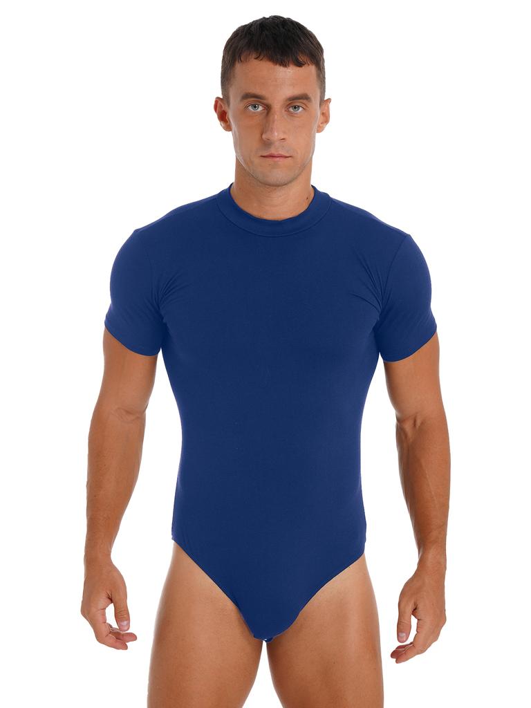 Men Crew Neck Short Sleeve Leotard Undershirt Press Button Crotch Bodysuit Casual Solid Color Skinny Jumpsuit for Daily Wear Layering