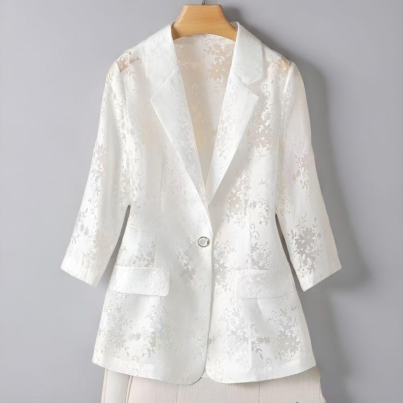 Women's Plus-Size Blazer Summer Thin Sun Protection Slim Fit Hollow Lace Three-Quarter Sleeves Blazer Top