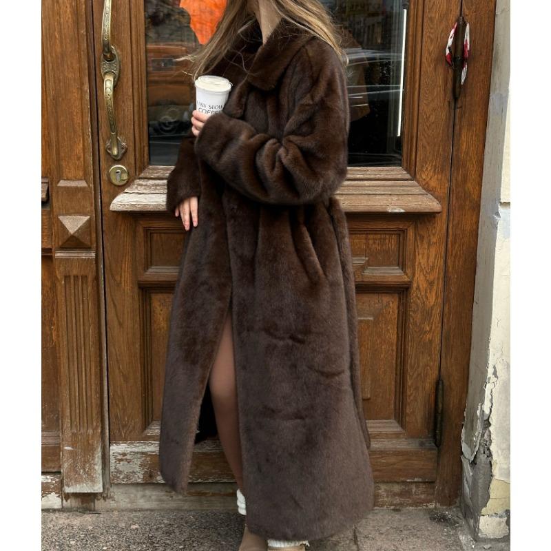 Damen S Faux Fur Langer Mantel Mit Gürtel Dicke Warme Oberbekleidung