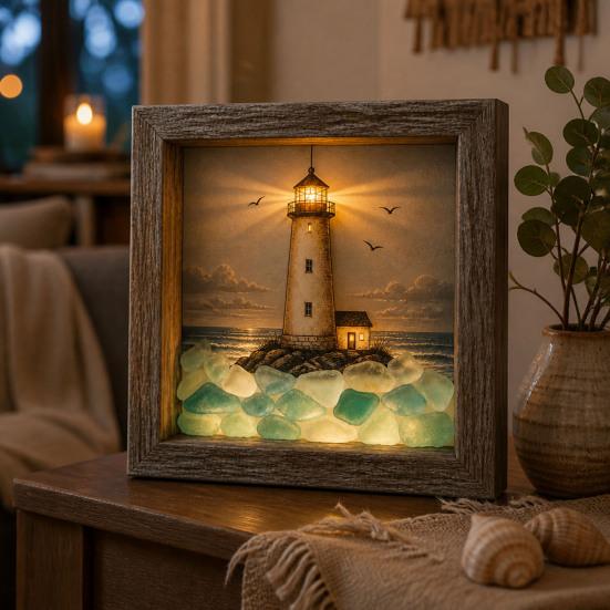 Sea Glass Art Painting with LED Light, DIY Mosaic Arts and Craft Kit, Ocean Themed Painting Kit, Beach Art Kit for Home Office Bookshelf Decoration