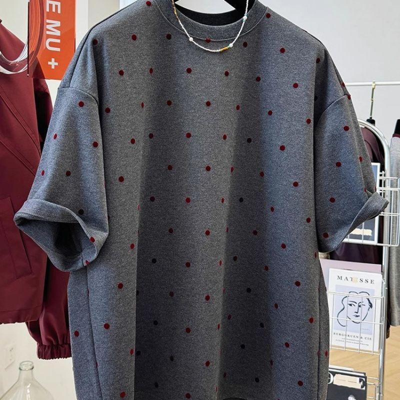 Front Shoulder Polished Niche Polka Dot Short Sleeved T Shirt Women's Spring and Summer Slimming