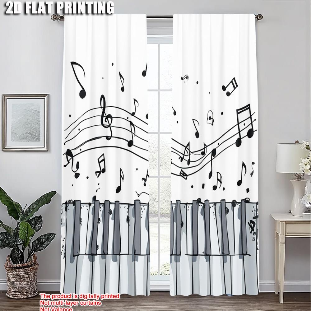 2pcs,2D Plane Printing Print Curtains Classic Piano & Musical Notes Versatile Polyester Fabric (without Rod) Festive for