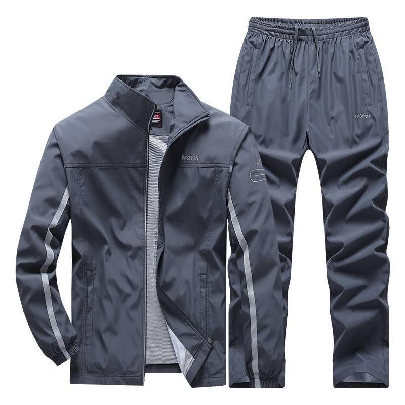 Men's Four Seasons Spring Autumn Plus Size Standing Collar Long Sleeve Jacket + Breathable Loose Trousers Outdoor Sports Jacket Two Piece Set