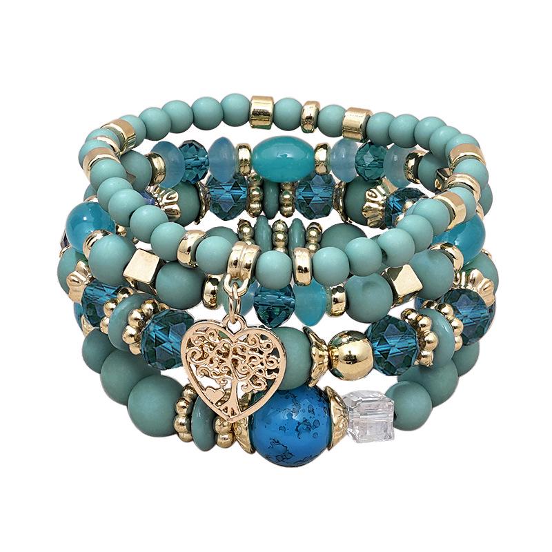 Bohemian Ethnic 4-Piece Bracelet Set: Multi-Layer Stackable with Peach Heart Tree Pendant & Acrylic Beads.