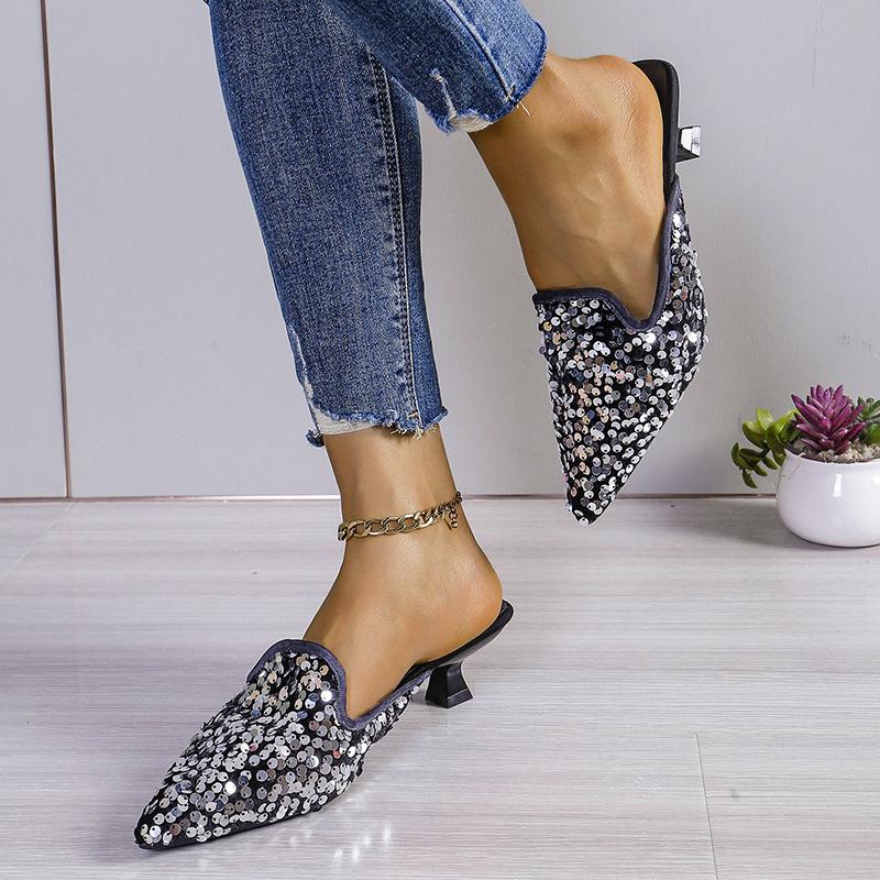 Fashion Slippers Women Fashion Women's Mules New Sexy Party Shallow Slipper Ladies Pointed Toe Bling Shoes Female Heeled Summer Footwear