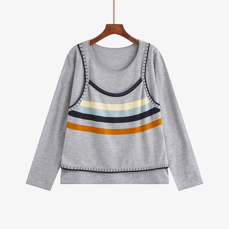 

Women s Plus Size Color Block Two-Piece Look Spring Loose Knit Top XXXL (90-110 kg) серый