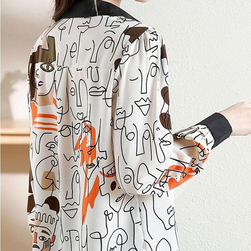 Fashion Printed Shirt  Spring Autumn Commute Single-breasted Casual Korean Polo-Neck Spliced Women's Clothing Loose Blouse