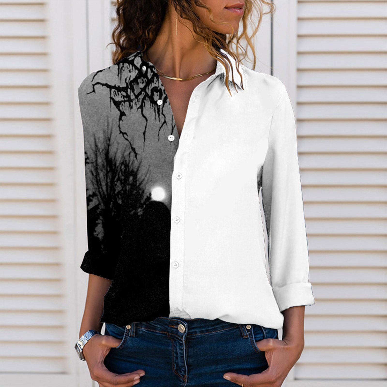 

Женские повседневные рубашки с винтажным принтом, осенний однобортный топ с длинными рукавами и лацканами XXL белый