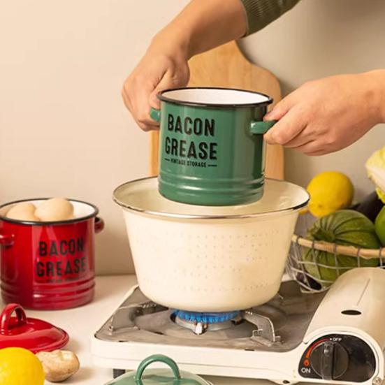 Vintage Enamel Bacon Grease Container with Lid Rustic Farmhouse Grease Container with 2 Handles Kitchen Oil Storage Jar for Storing Lard Spices Soup