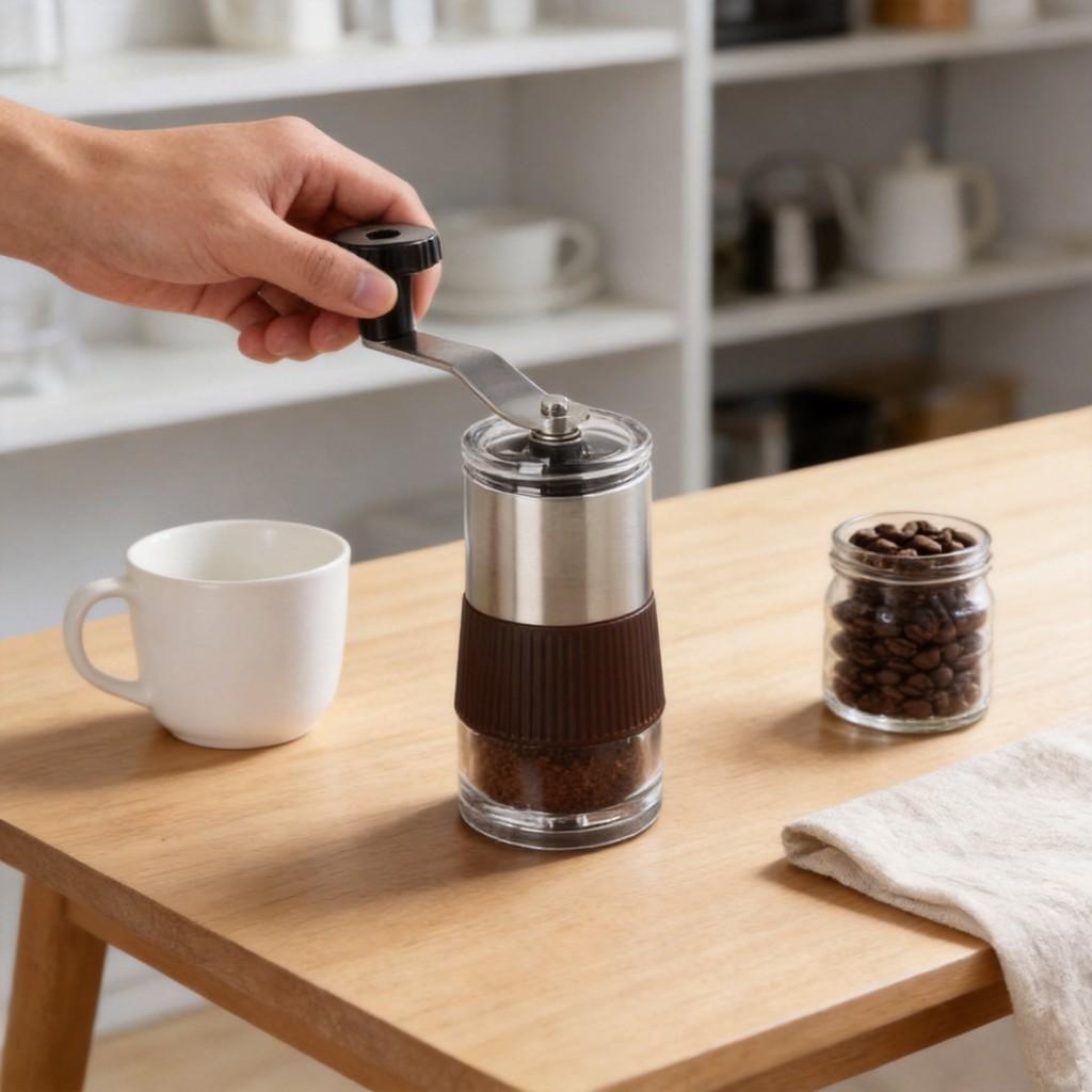 Moderne manuelle Kaffeemühle aus Edelstahl mit einstellbarem Mahlgrad für den Büroeinsatz