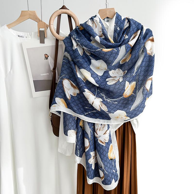 New printed silk scarf thin yarn scarf cotton and linen feel scarf women's autumn and winter high-end long warm shawl