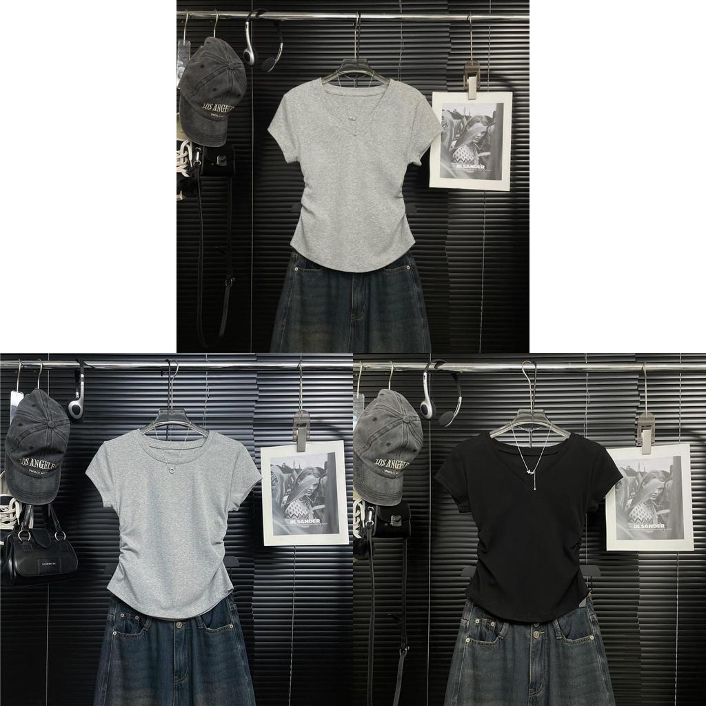 Summer Woman V Neck T Shirt With Wrinkled Design And Slim Fit For Casual Wear