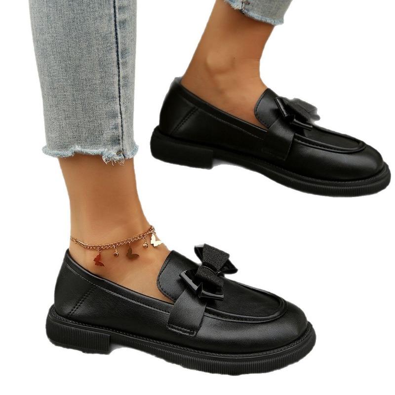New spring and autumn soft-soled single shoes women's bow retro thick-soled small leather shoes women's thick heel