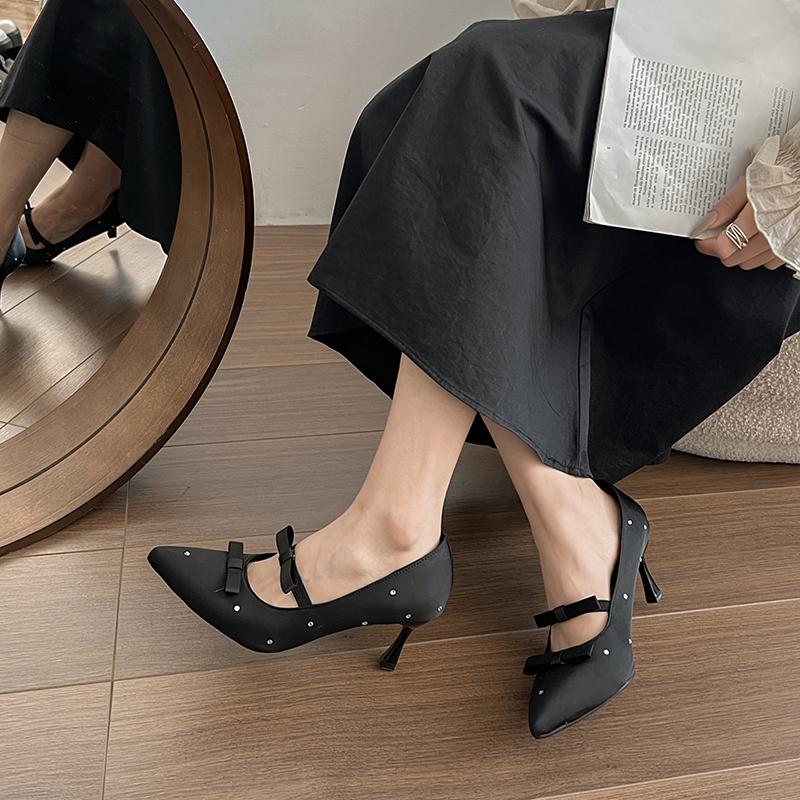 Fashion Bow Pointed Toe High Heels Women Spring and Summer New Stiletto Rhinestone Mary Jane Temperament Polka Dot Single Shoes