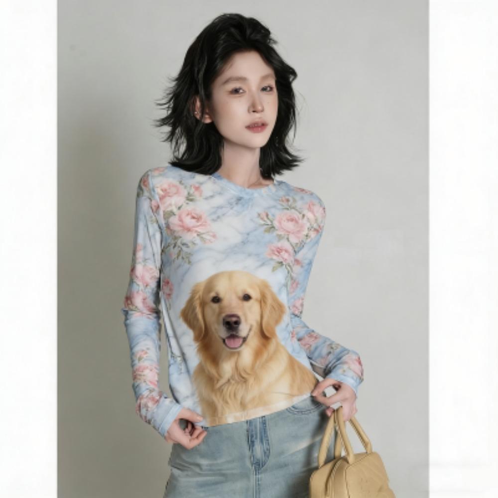 Spring Fashion Flower Dog Print Women's T-shirt Europe America Casual Pullover Women Long Sleeve Clothing Outdoor Street Tees Top