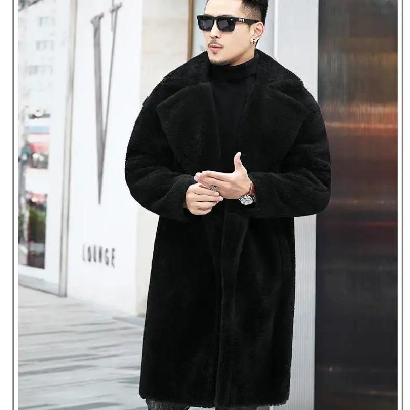 Men's Mid-Length Camel Teddy Faux Fur Coat Lapel Button-Up Warm Winter Overcoat
