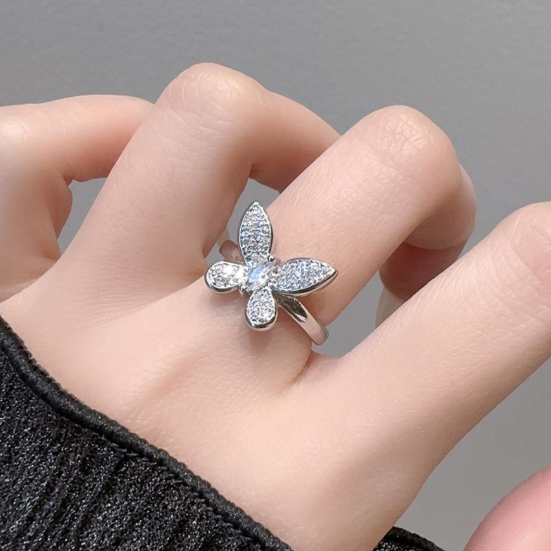 Elegant Full Diamond Exquisite Butterfly Opening Ring Adjustable Stacking High-End Niche Design Index Finger Ring