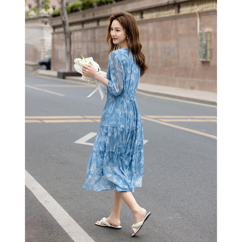 Demanar Summer Round Neck Printed Ruffle Hem Dress S