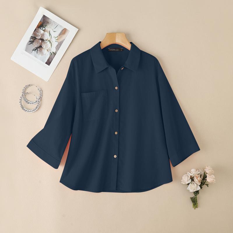 ZANZEA Womens Turn Down Collar 3/4 Sleeve Loose Button Blouse