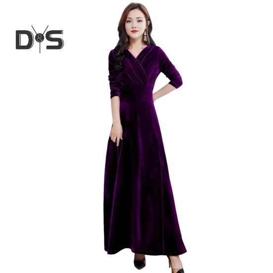 

Оксамитова максі-сукня для жінок з V-подібним вирізом, довга сукня до щиколотки, суцільна кольорова вечірня сукня А-силуету для весільної коктейльної вечірки L фіолетовий
