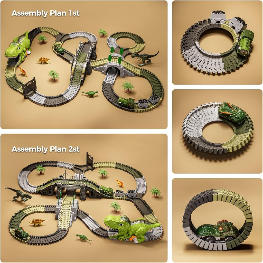 Dinosaur Toy Race Track: 281pcs, Flexible Railways, 4 Dinosaurs, 2 Electric Racing Cars with Lights. Gift for Children 3-6 Years