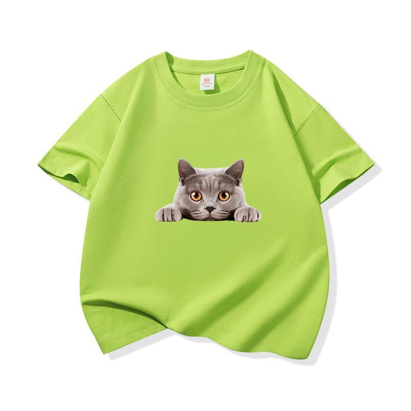 Kids Cotton T Shirt Peeking British Blue Cat Pattern Print Crew Neck Short Sleeve Tee Casual Breathable Boys Girls Summer Tops