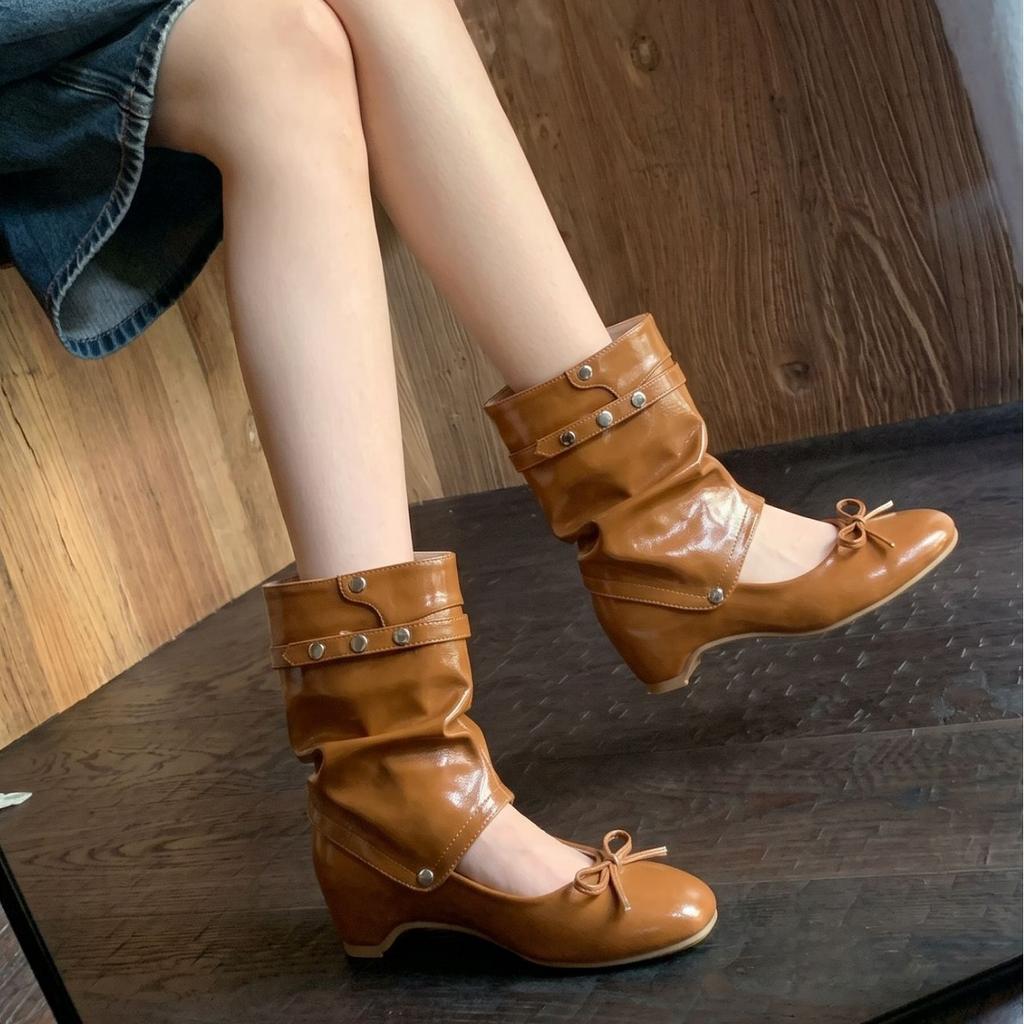 [Removable boot barrel] One shoe, three wear Mary Jane retro brown, black wedge heel bow, and three wear short boots.