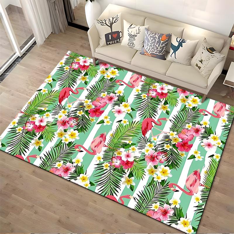 Tropical Flamingo and Floral Striped Carpet with Green Palm Leaves Suitable for use as an anti-slip for living room bedroom sofas
