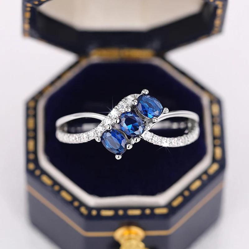 Huitan Aesthetic Curve Design Women Ring with Bright Blue Cubic Zirconia Elegant Party Accessories Jewelry for Anniversary Gift
