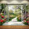 2D Spring Floral Tapestry, Window View To Tulip Garden Wall Hanging for Aesthetic Room