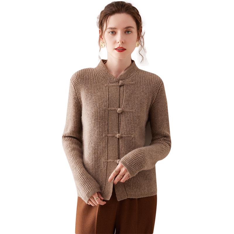 Women's Cashmere Cardigan with Frog Button and Qipao Collar - 100% Pure Wool, Retro Style, Thick Knit Sweater Coat