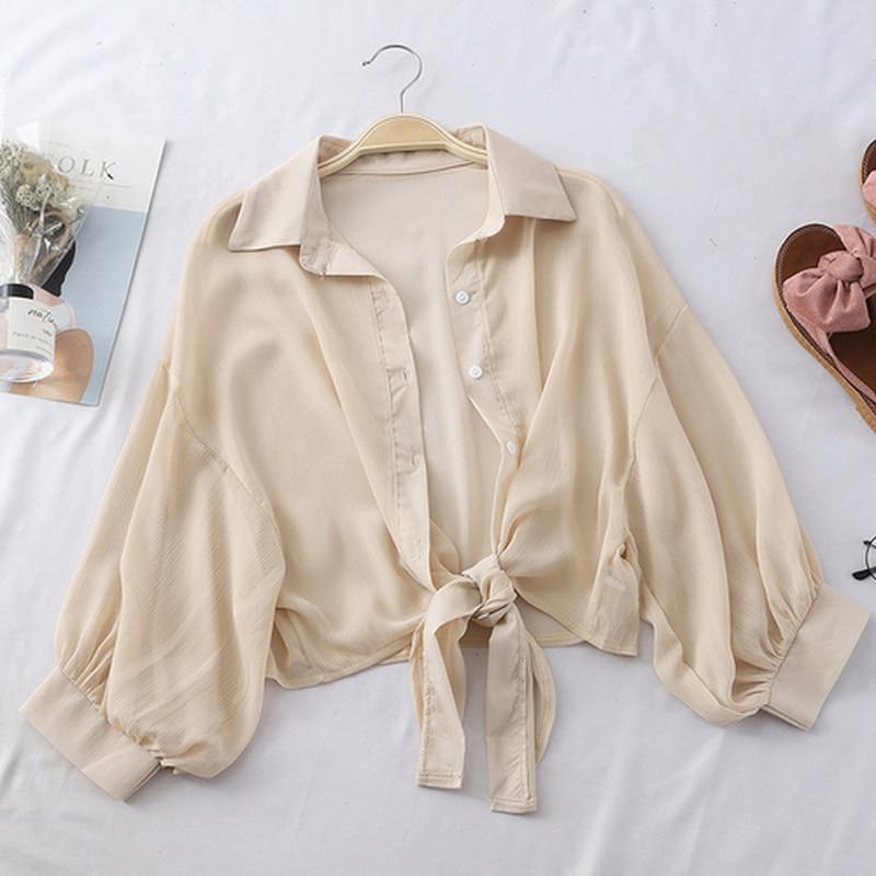 Camicia a Maniche Corte in Chiffon Abbottonata Blusa Casual Ampia da Donna Camicie Semplici Estive Vita Annodata Bluse Eleganti da Donna