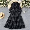French retro V-neck lace splicing waist long-sleeved big pendulum dress for women to look thin, elegant and long skirt