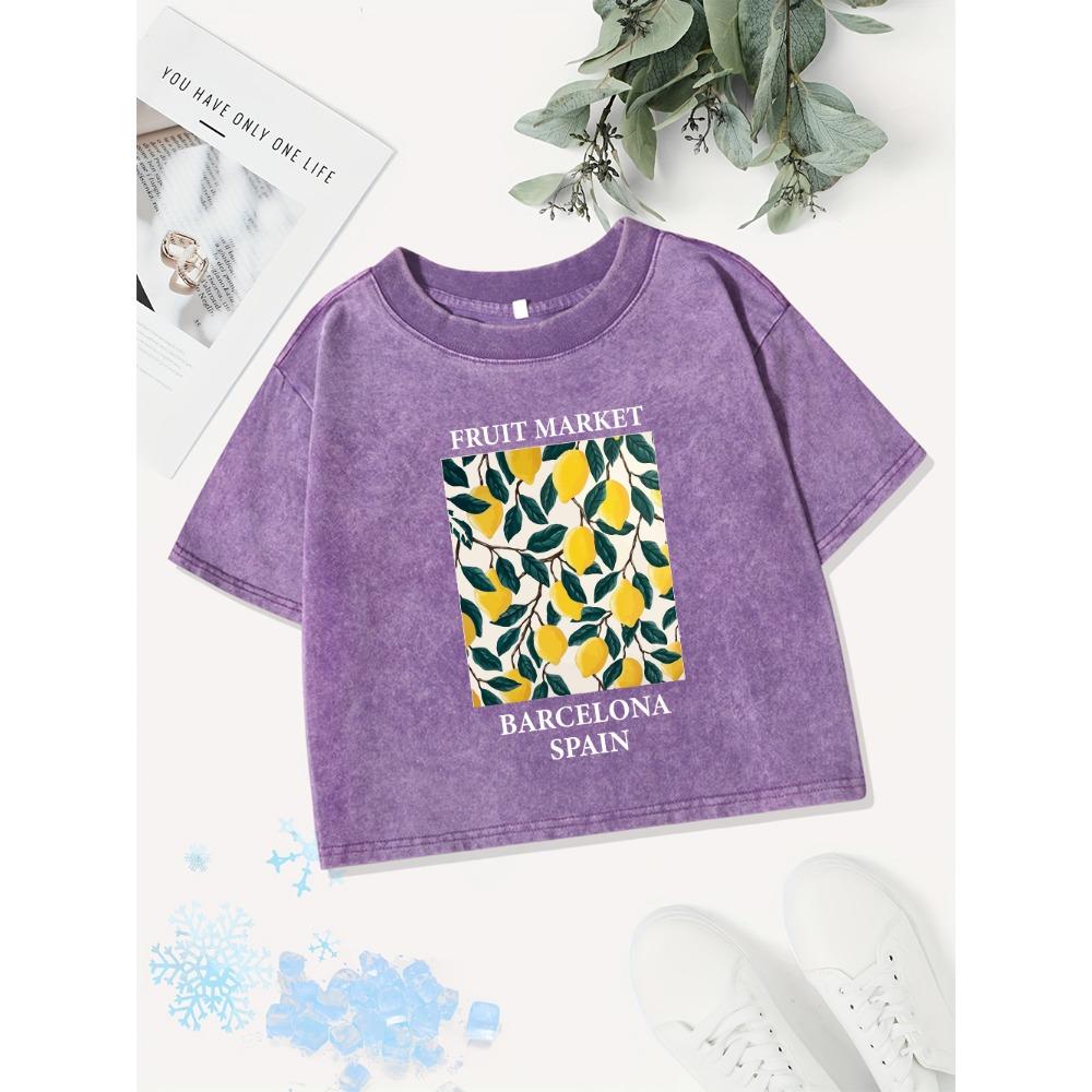 Summer Cotton Crop Tops Womens Fruit Market Barcelona Spain Printing Washed T-Shirts Regular Fit Tees Clothes