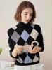 Women's Retro High Collar Wool Sweater with Diamond Plaid Knit Jacquard