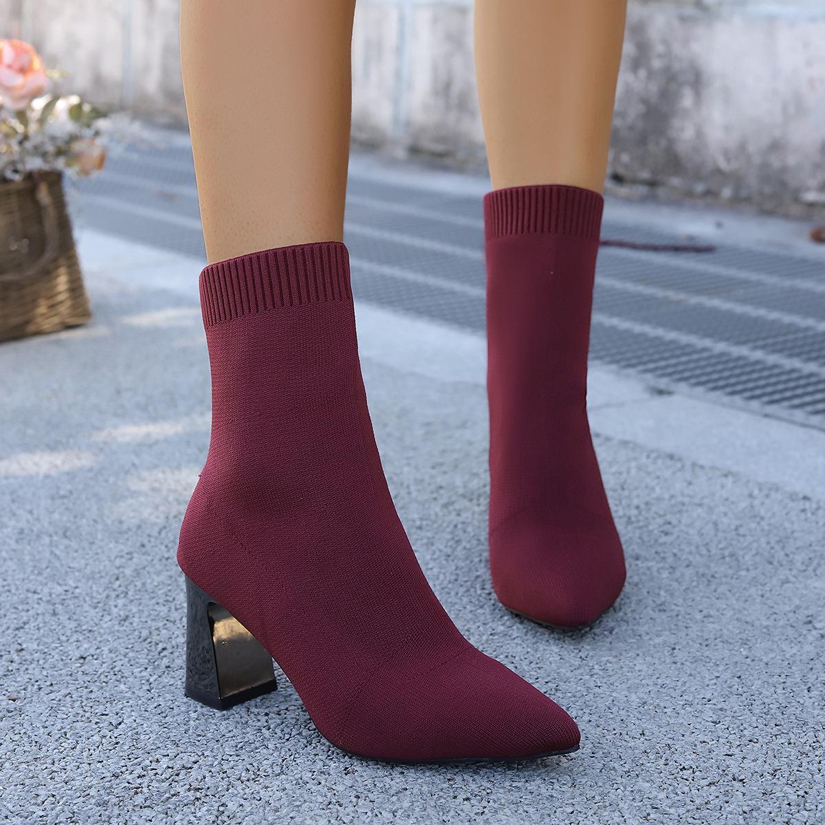 

2026 New Woman Pointed Toe Stretch Sock Boots Women Fashion High Heel Shoes Ankle Length Boots Winter Ladies Shoes 36 бордовый