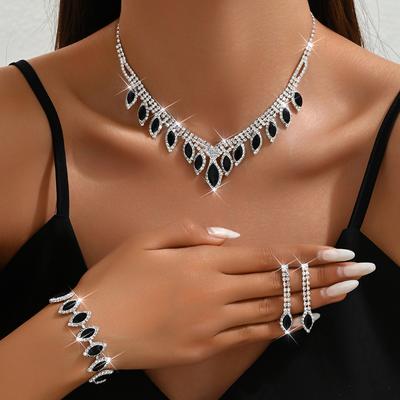 With Black Water Drop Pendant 1 Pc Bracelet Inlaid Wedding Decor Fashion Jewelry Set Rhinestones 1 Pair Dangle Earrings 1 Pc Necklace