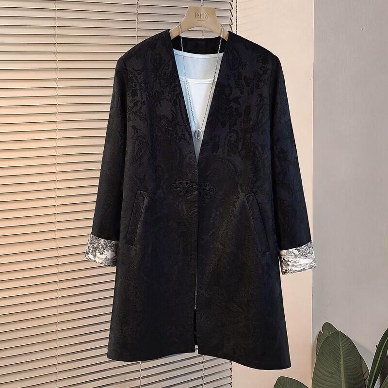 Women's Retro V-Neck Jacquard Frog Button Mid-Length Coat
