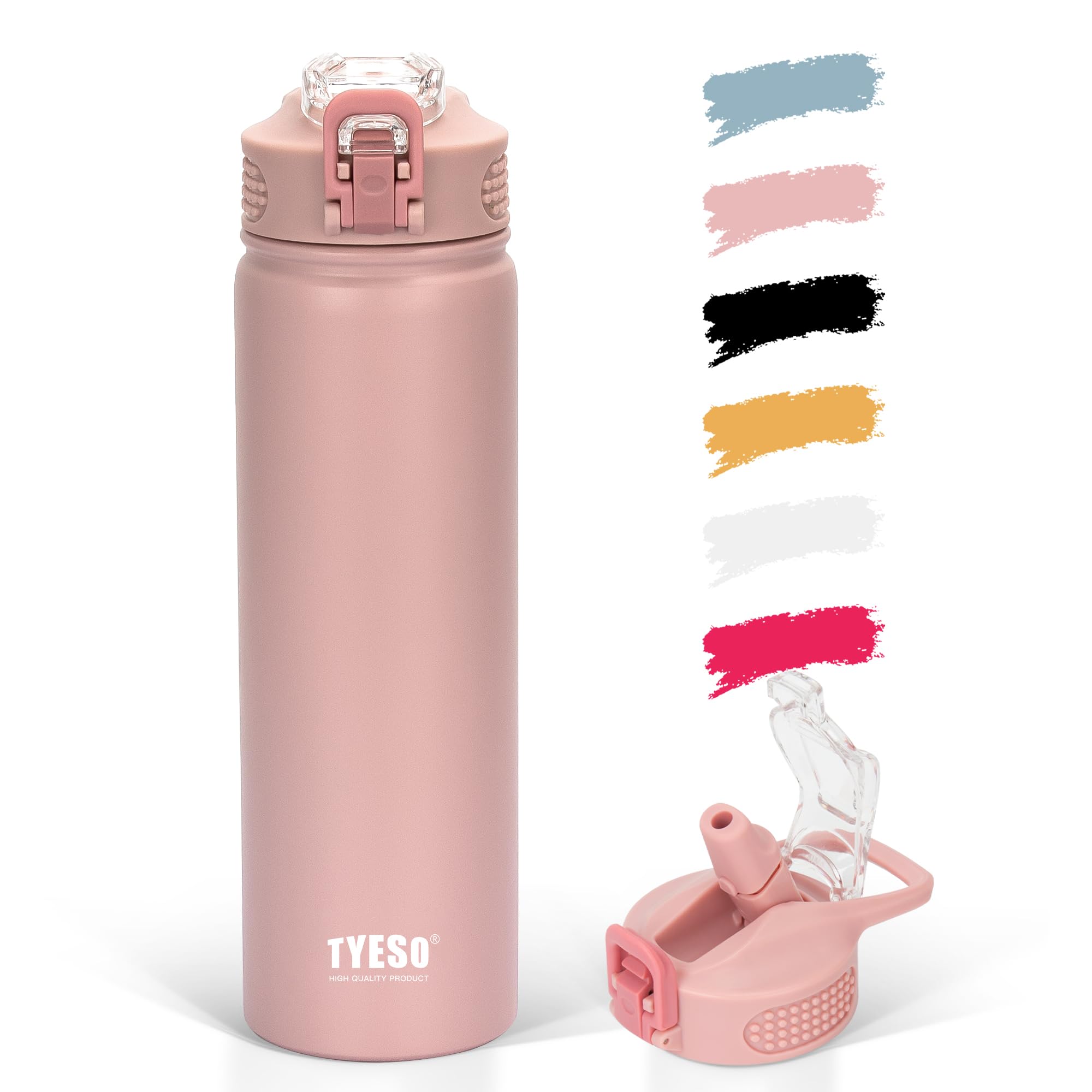

TYESO Stainless Steel Vacuum Insulated Water Bottle, 600ml750ml, with Food-Grade Silicone Straw, One-Touch Straw, Keeps Drinks Hot or Cold, Easy to