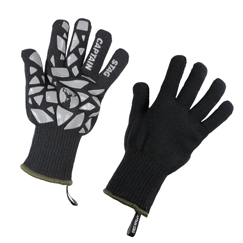 

CAPTAIN STAG Outdoor Camping BBQ Gloves, Heat-Resistant, Flame-Retardant Gloves with Silicone Grip and Strap, Black UG-3312